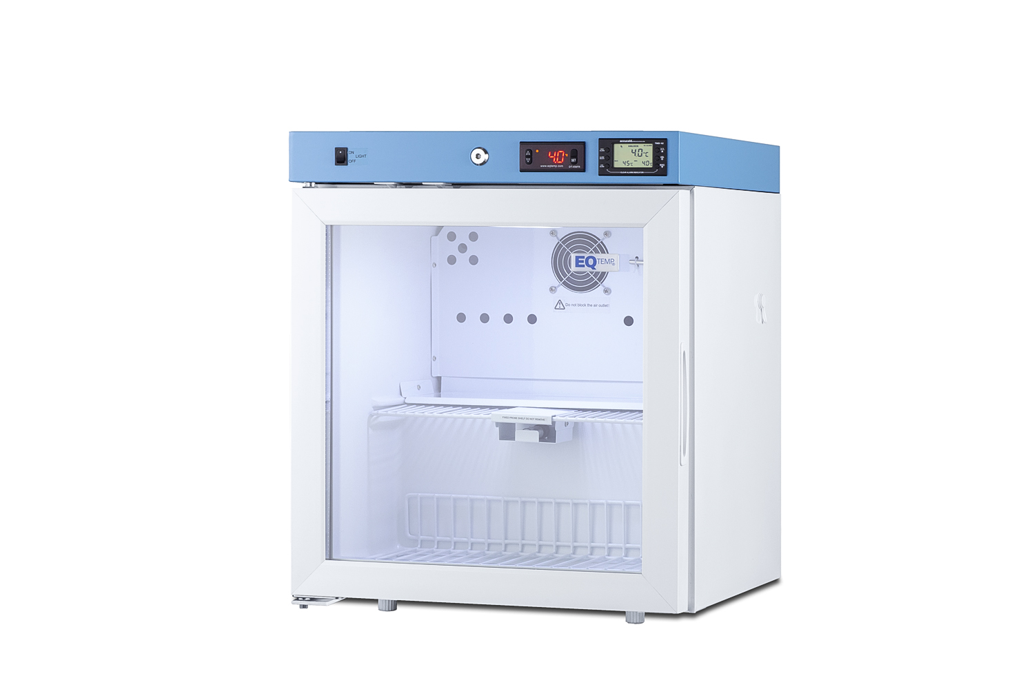 Compact healthcare all-refrigerator certified to NSF/ANSI 456 with self-closing glass door, front lock, digital controls, and NIST-calibrated temperature readout